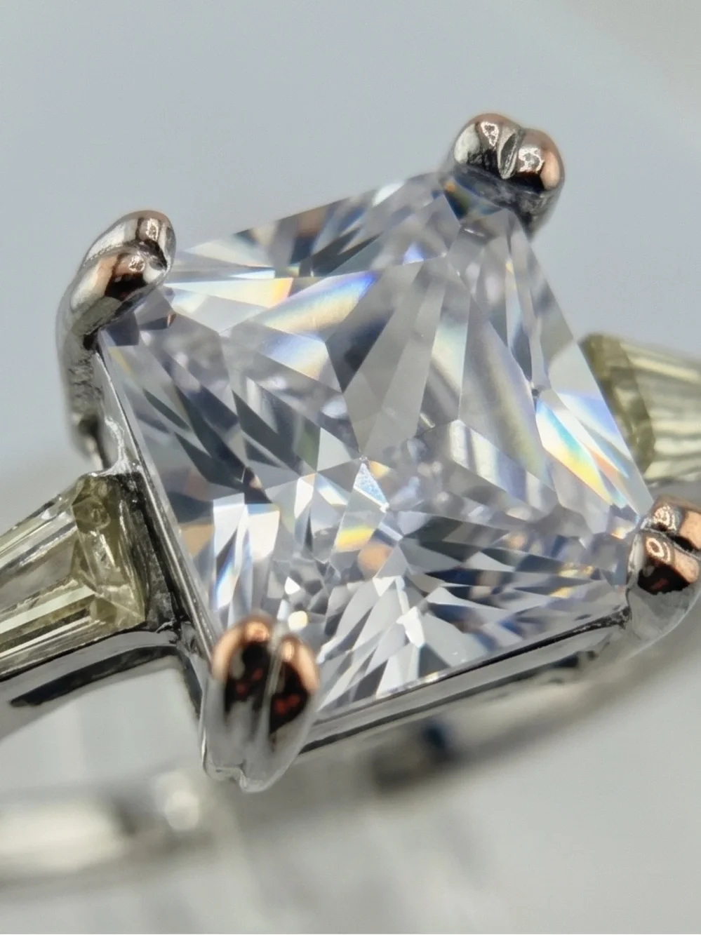 Princess Cut 3 Carat Silver Tone CZ Three Stone Engagement Ring Size 8-1/2